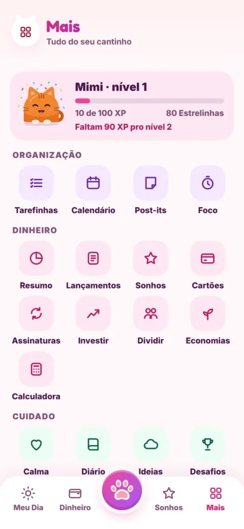 Tela principal do Miauzi com o Mimi